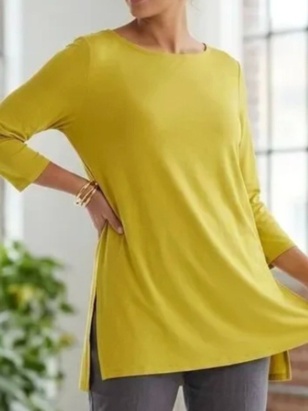Eileen Fisher Bateau Neck Tunic Top Chartreuse stretchy Tencel Jersey Knit